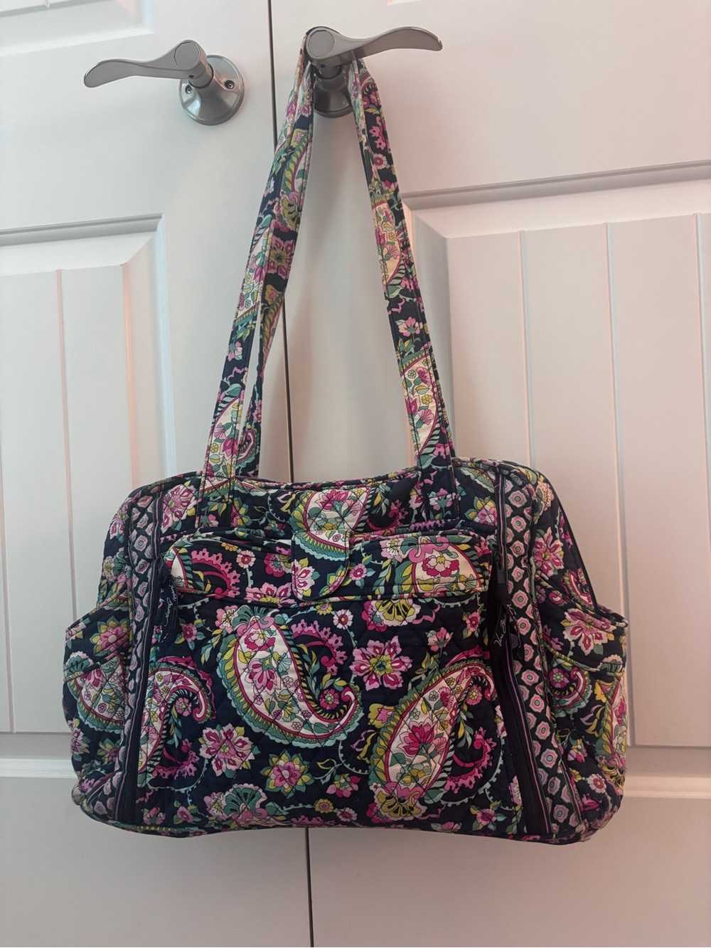Vera Bradley Navy Quilted Diaper Bag with Pink and Green Paisley